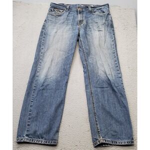 DKNY Straight Jeans Mens 36x32 Blue Denim Stretch Boho Faded Contrast Stitch